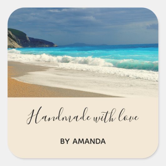 ハンドメイドとラヴターコイズブルーシートロピカル スクエアシール (正面)