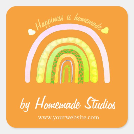 ハンドメイドの虹　「幸せは手作り」 スクエアシール (正面)
