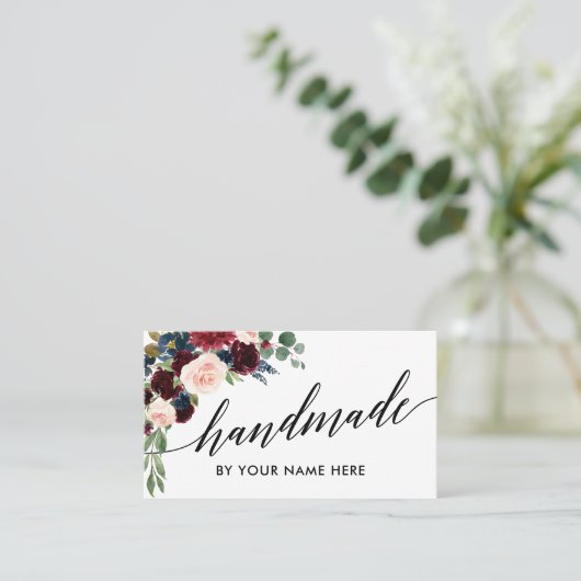 ハンドメイド書道のバーガンディの水彩画の花柄 名刺 (スタンド正面)
