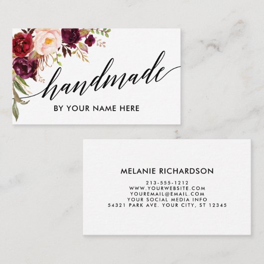ハンドメイド書道の水彩画のバーガンディの花柄 名刺 (正面/裏面)