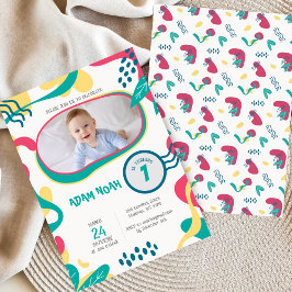 ハンドラウンかわいいイラストレーション写真1歳の誕生日 招待状