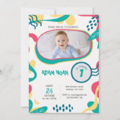 ハンドラウンかわいいイラストレーション写真1歳の誕生日 招待状 (正面)