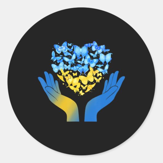 ハンドラブハートバタフライウクライナフラッグスタンドウィット ラウンドシール (正面)