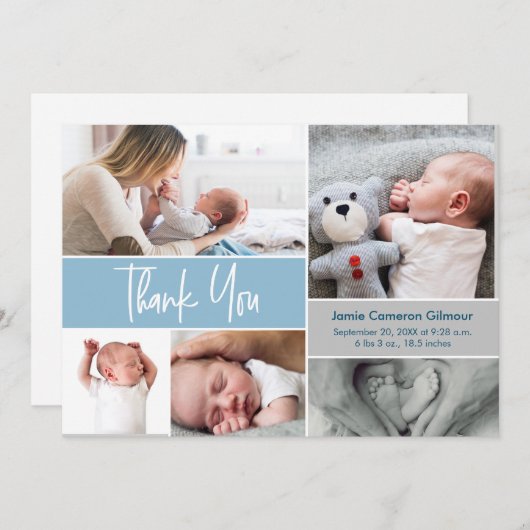 ハンドレタリング写真赤ちゃんシャワー青ありがとう 案内状 (正面/裏面)