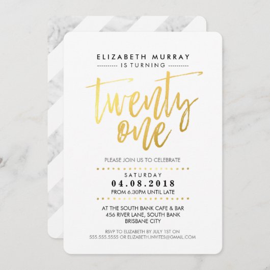 ハンドレタースクリプト型シンプル金ゴールド箔大理石 招待状 (正面/裏面)