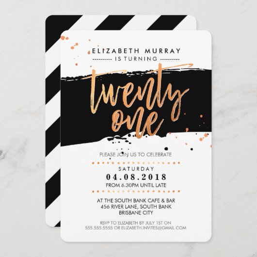 ハンドレタースクリプト型トレンディー銅箔ブラック 招待状 (正面/裏面)