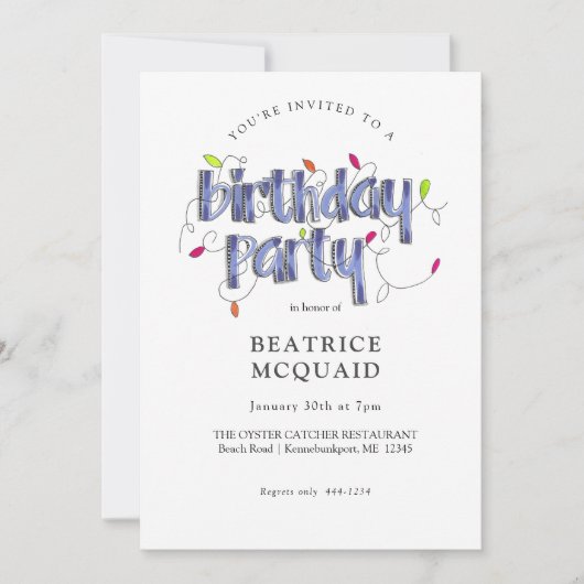 ハンドレターダスティブルーおもしろいファクトバースデーパーティー 招待状 (正面)