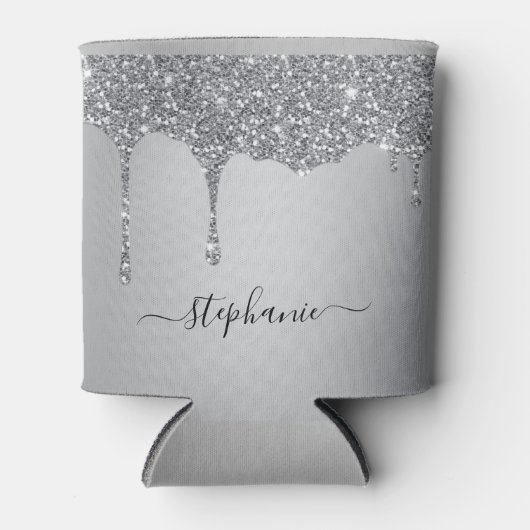 ハンドレタ名前をカスタムするシルバーグリッタードリップ 缶クーラー (正面)