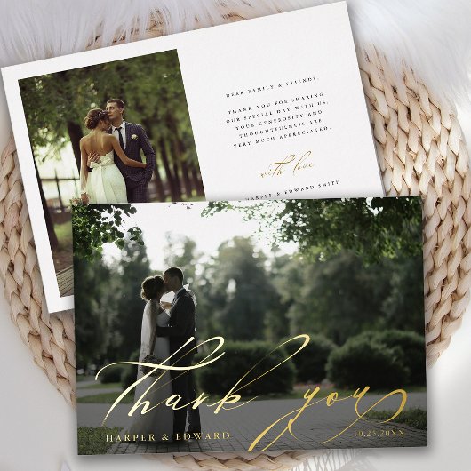 ハンドレタ2枚結婚写真Thank You Foil Card 箔招待状