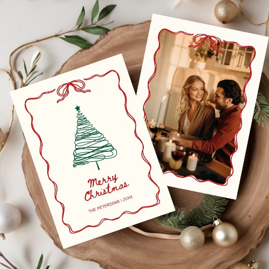 ハンドレッド図解入りの、写真付きのグリーンレトロ写真クリスマス シーズンカード