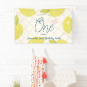 ハンドレモ絵を描ン&ピンクチェックファースト誕生日 横断幕 (インサイチュ)