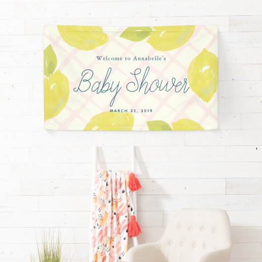 ハンドレ絵を描モンとピンクチェック赤ちゃんシャワー 横断幕 (インサイチュ)