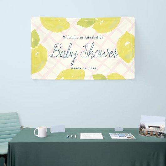 ハンドレ絵を描モンとピンクチェック赤ちゃんシャワー 横断幕 (トレードショー)