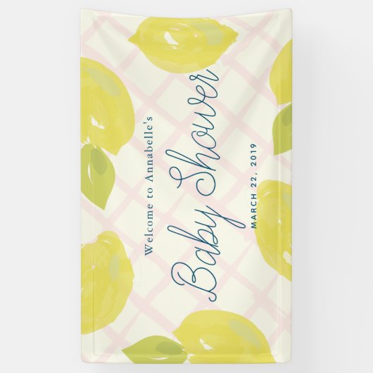 ハンドレ絵を描モンとピンクチェック赤ちゃんシャワー 横断幕 (縦)