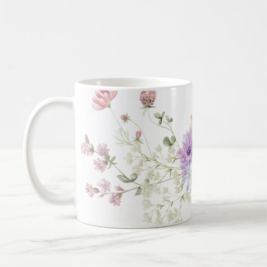 ハンド図解入りの、写真付きのフローラプリント コーヒーマグカップ (左)