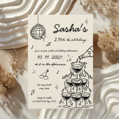 ハンド図解入りの、写真付きのレトロシャンパンタワー誕生日 招待状