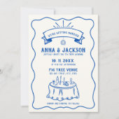 ハンド図解入りの、写真付きのレトロ予測できなヴィンテージ結婚ブルー 招待状 (正面)