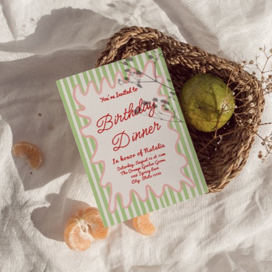 ハンド書カラフルストライプおもしろい誕生日ディナー 招待状