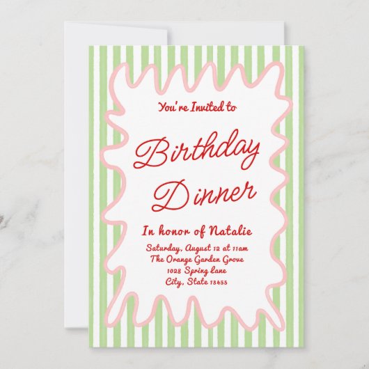 ハンド書カラフルストライプおもしろい誕生日ディナー 招待状 (正面)