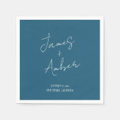 ハンド書ティール（緑がかった色）ブルー予測できなモダン結婚ズ スタンダードカクテルナプキン (正面)