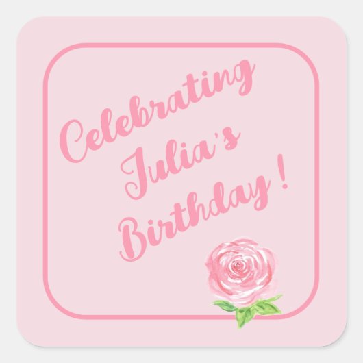 ハンド絵を描ウォータカラーバラハッピーバースデー スクエアシール (正面)