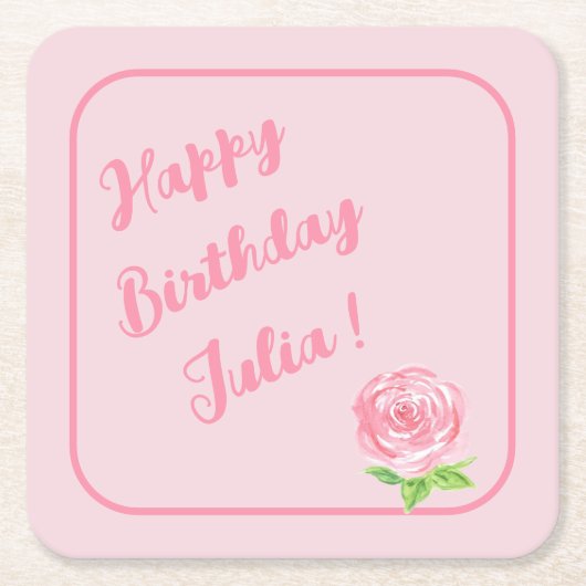 ハンド絵を描ウォータカラーバラハッピーバースデー スクエアペーパーコースター (正面)