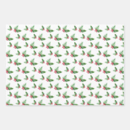 ハンド絵を描ウォーターカラーパインリースレッドベリー ラッピングペーパーシート
