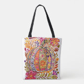 ハンド絵を描フォークアートパンプキントートバッグ素朴秋 トートバッグ (裏面)