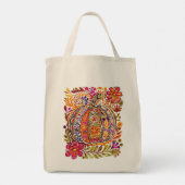 ハンド絵を描フォークアートパンプキントートバッグ素朴秋 トートバッグ (裏面)