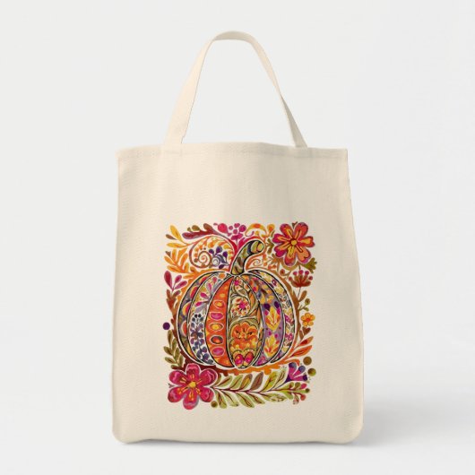 ハンド絵を描フォークアートパンプキントートバッグ素朴秋 トートバッグ (正面)