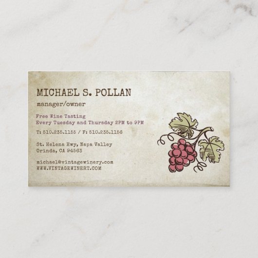 ハンド絵を描ヴィンテージヴィンヤードワイナリー 名刺 (裏面)