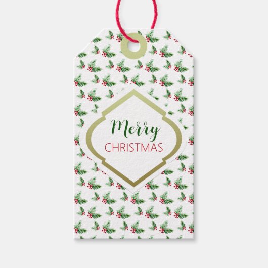 ハンド色彩の鮮やかウォーターカラーパインリース、赤い果実 ギフトタグ (正面)
