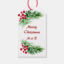 ハンド色彩の鮮やかウォーターカラーパインリース、赤い果実 ギフトタグ