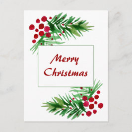 ハンド色彩の鮮やかウォーターカラーパインリース、赤い果実 シーズンポストカード