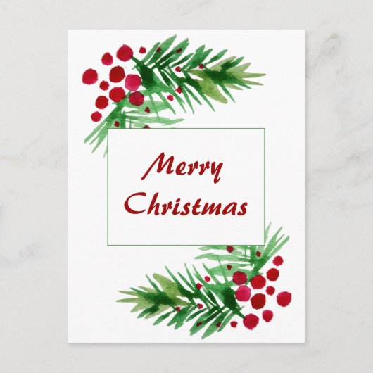 ハンド色彩の鮮やかウォーターカラーパインリース、赤い果実 シーズンポストカード (正面)