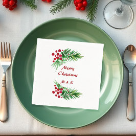 ハンド色彩の鮮やかウォーターカラーパインリース、赤い果実 スタンダードカクテルナプキン