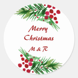 ハンド色彩の鮮やかウォーターカラーパインリース、赤い果実 ラウンドシール