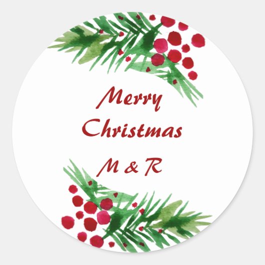 ハンド色彩の鮮やかウォーターカラーパインリース、赤い果実 ラウンドシール (正面)