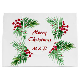 ハンド色彩の鮮やかウォーターカラーパインリース、赤い果実 ラージペーパーバッグ