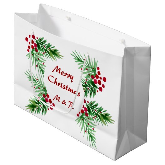 ハンド色彩の鮮やかウォーターカラーパインリース、赤い果実 ラージペーパーバッグ (正面アングル)