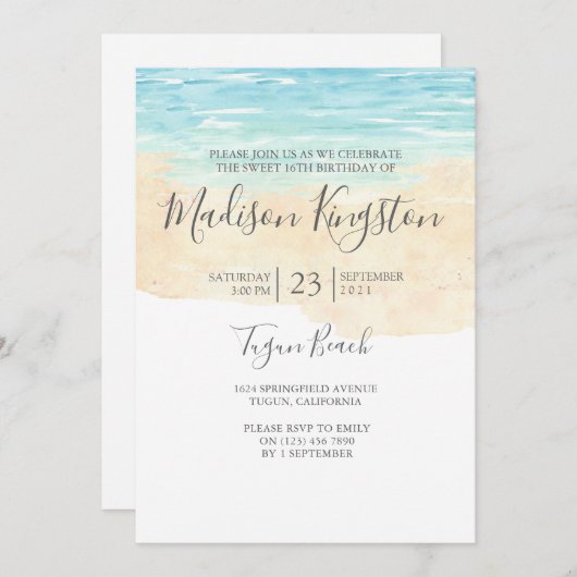 ハンド色彩の鮮やかウォーターカラーブルービーチスウィート16招待状 招待状 (正面/裏面)