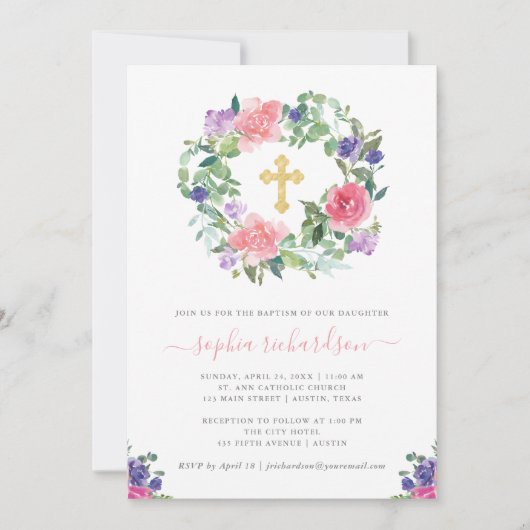 ハンド色彩の鮮やかフローラ|トレンディーの水彩バプテスマ 招待状 (正面)