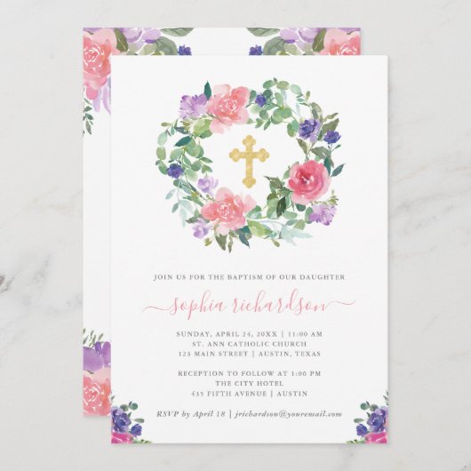 ハンド色彩の鮮やかフローラ|トレンディーの水彩バプテスマ 招待状 (正面/裏面)