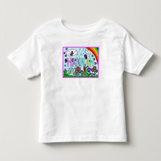 ハンナの名前とファンシーな花、虹 トドラーTシャツ (正面)