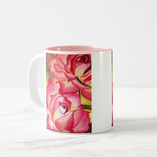 ハンナゴードンピンクのバラの花の水彩画 ツートーンマグカップ (正面左)
