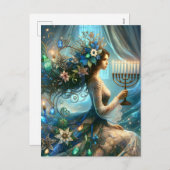 ハンヌカー美人と（ユダヤ教）メノラー シーズンポストカード (正面/裏面)