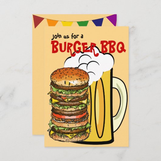ハンバーガーおよびビール夏のおもしろいのパーティの招待状 招待状 (正面/裏面)