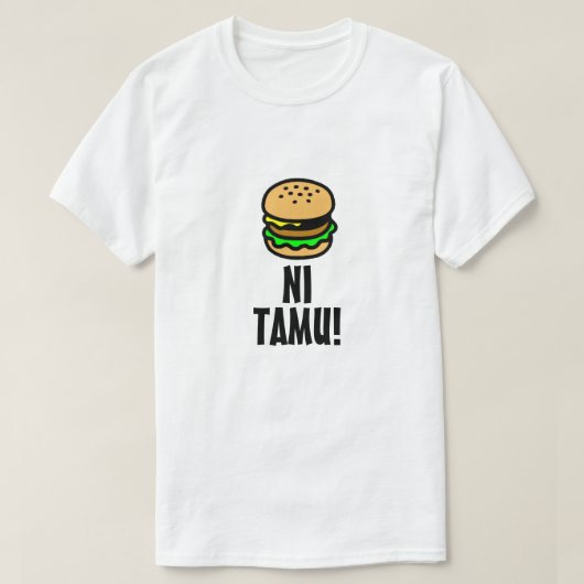 ハンバーガーとスワヒリ(ニ溜)でおいしい Tシャツ (デザイン正面)