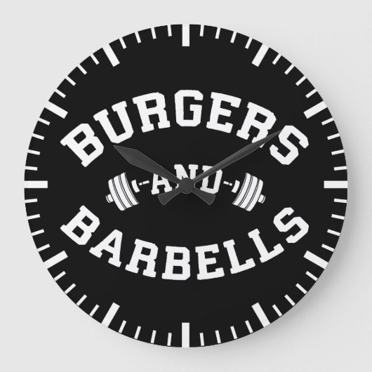 ハンバーガーとバーベル – トレーニング動機を引き上げる ラージ壁時計 (正面)