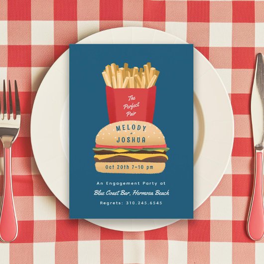 ハンバーガーとフライのペアカップルのシャワー 招待状